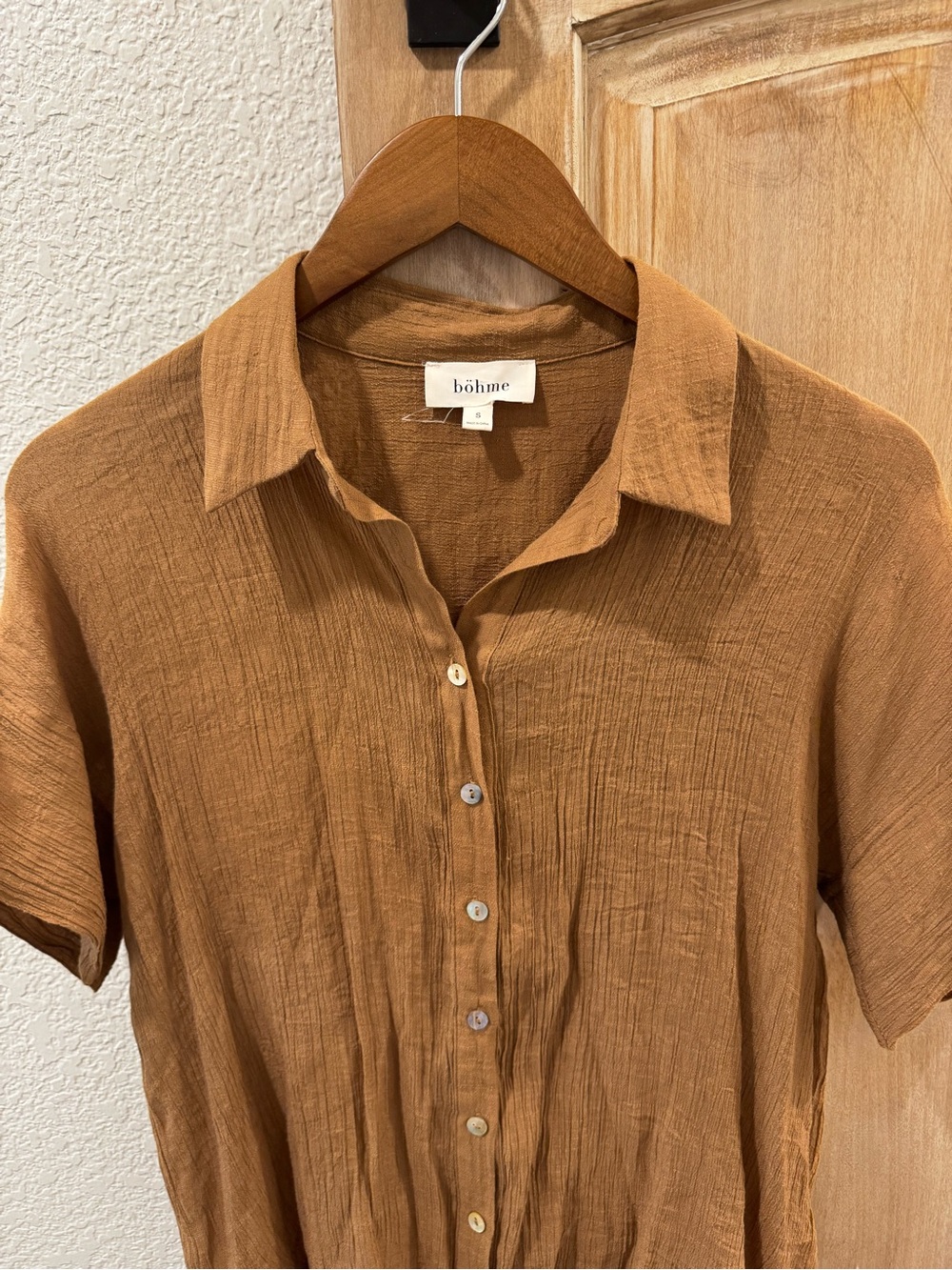 Böhme Womens Tan Button-Front Short Sleeve Shirt Size Small